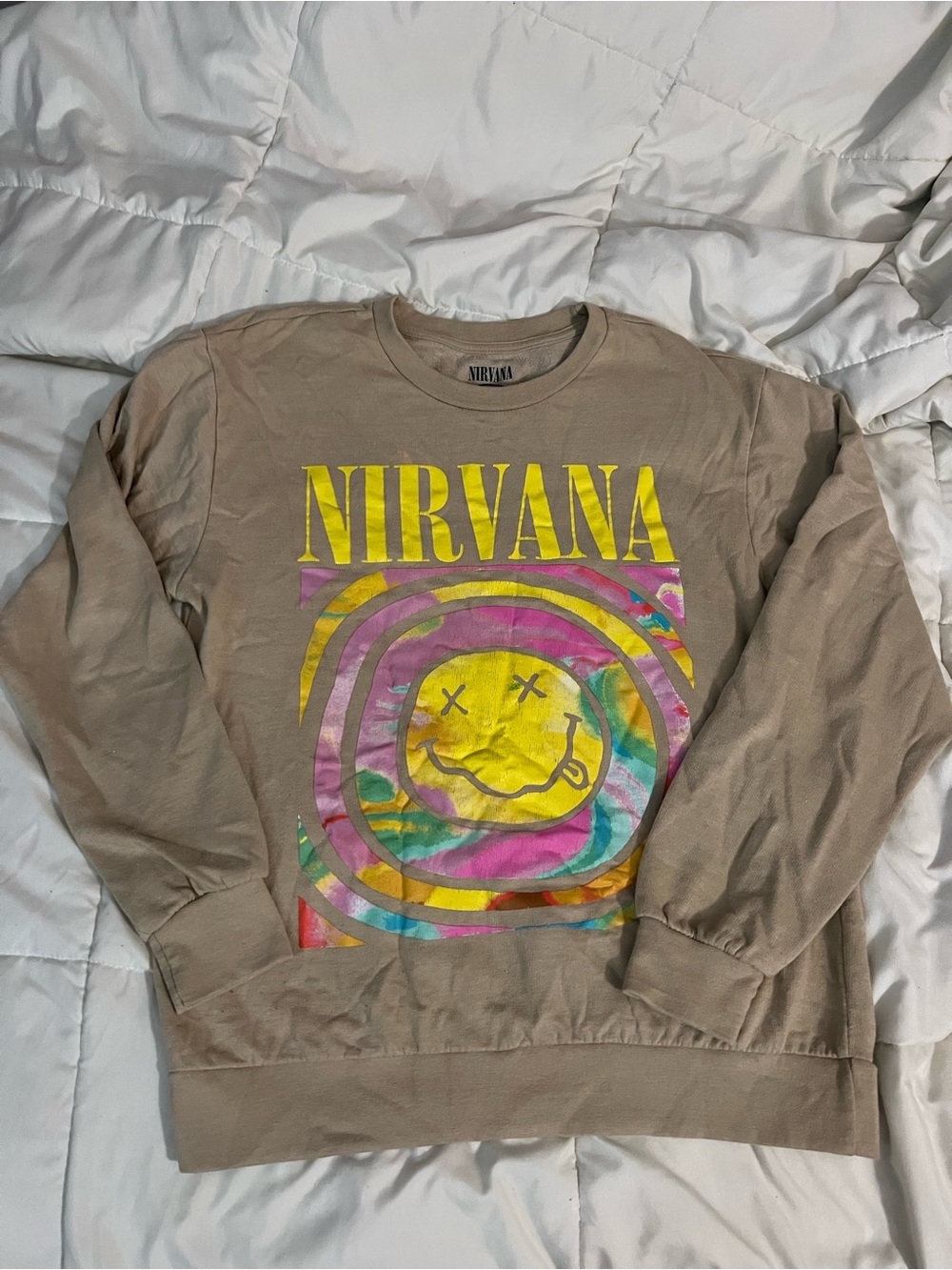 NIRVANA Tan Sweatshirt with Yellow & Multicolor Graphic